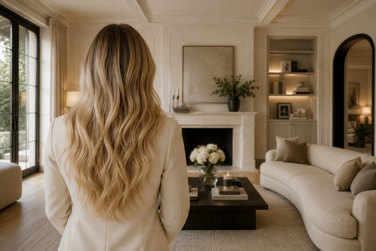 Rebecca met lang haar in een lichte woonkamer