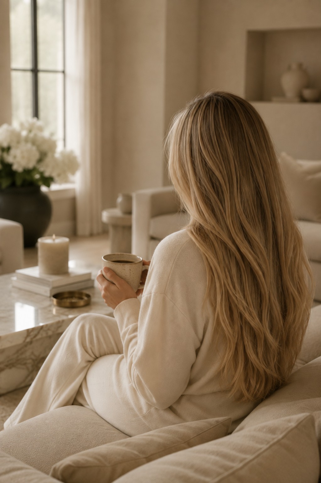 Lange, zachte blonde extensions in een warme woonkamer